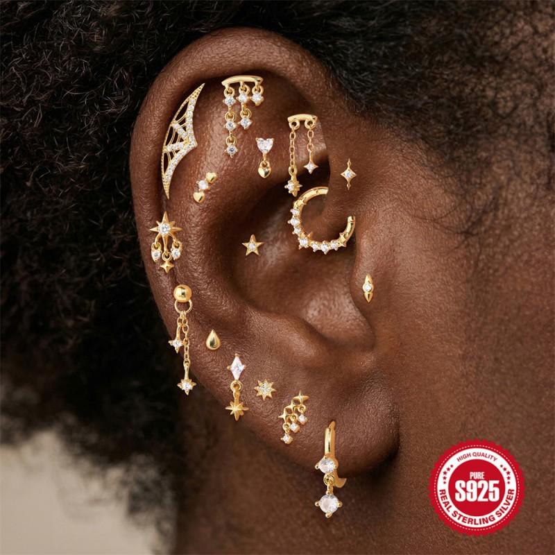 Sterling Geometric Stud Earrings With Zircon Accents Threaded Flat-Top Ear Piercing Jewelry Women Men