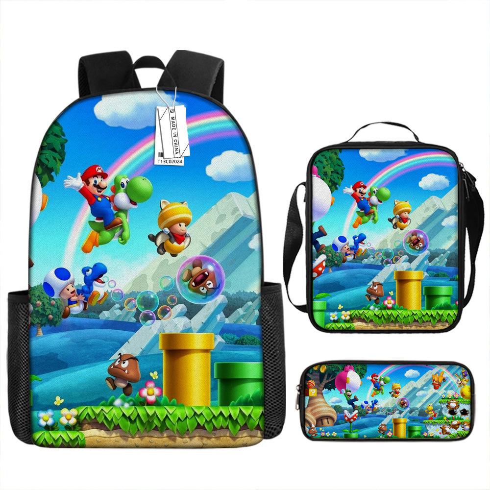 New Super Mario Trend Backpack Retro Mario Schoolbag 3-Piece Set with Pencil Case