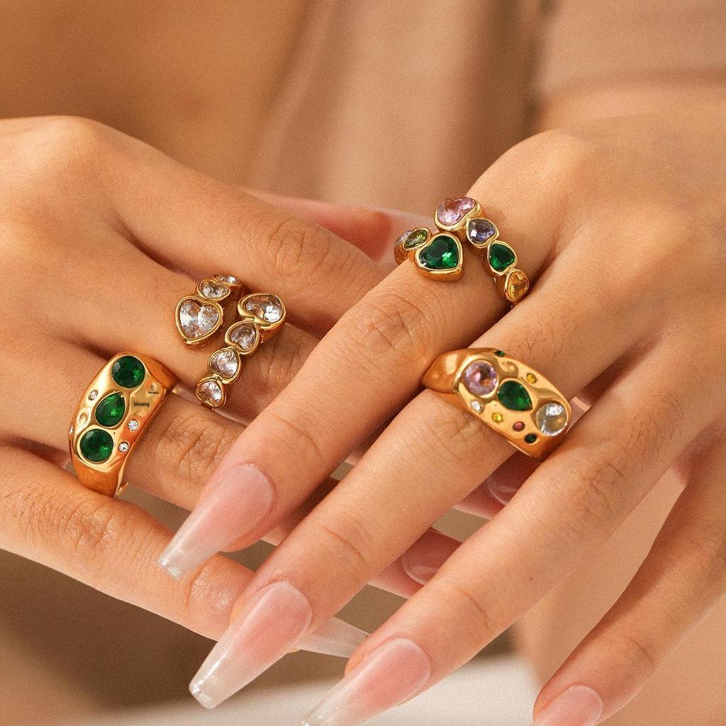 Exclusive Heart-Shaped Zircon Titanium Steel Open Ring for Women - European & American High-End, Non-Fading