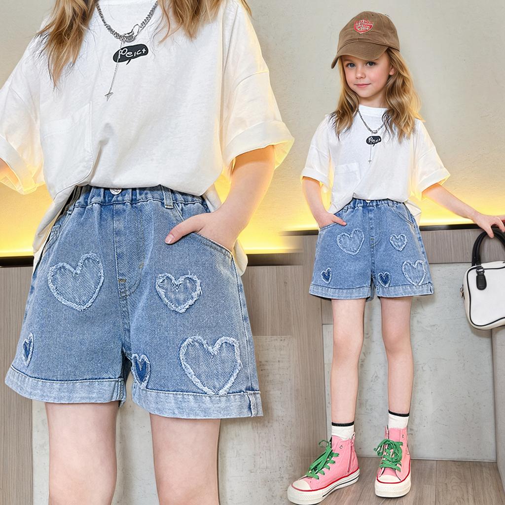 Girls' Summer Versatile Love Denim Product Summer Thin Fashion Jeans Casual Sports Shorts