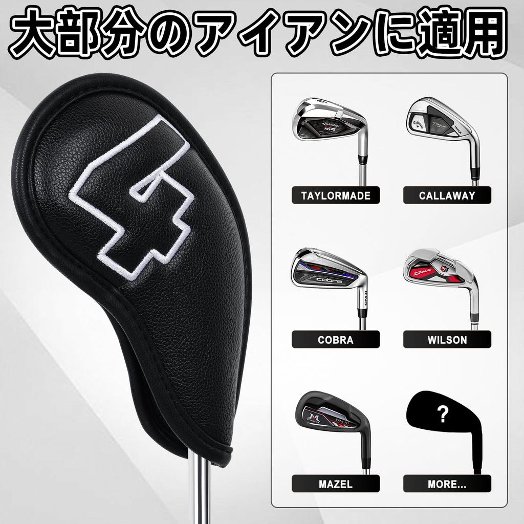 Golf jernkølledeksel magnet wedge deksel køllehode deksel sett med 10 stk svart syntetisk skinn hvite tall (4-9,P,A,S,X) dobbelsidet