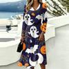 Women's Casual Halloween Print Long Sleeve V-Neck Dress with Pockets