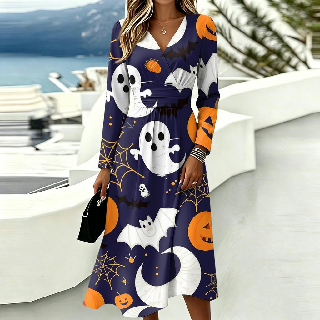 Women's Casual Halloween Print Long Sleeve V-Neck Dress with Pockets