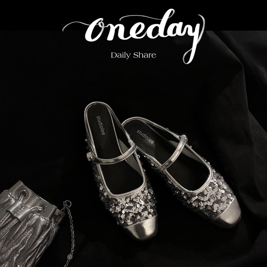 Sheepskin Grape Mother Sparkling Sequined Thick Heel Bag Head Slippers Women's Summer One Word Muller Half Drag Summer Wear Cool Slippers