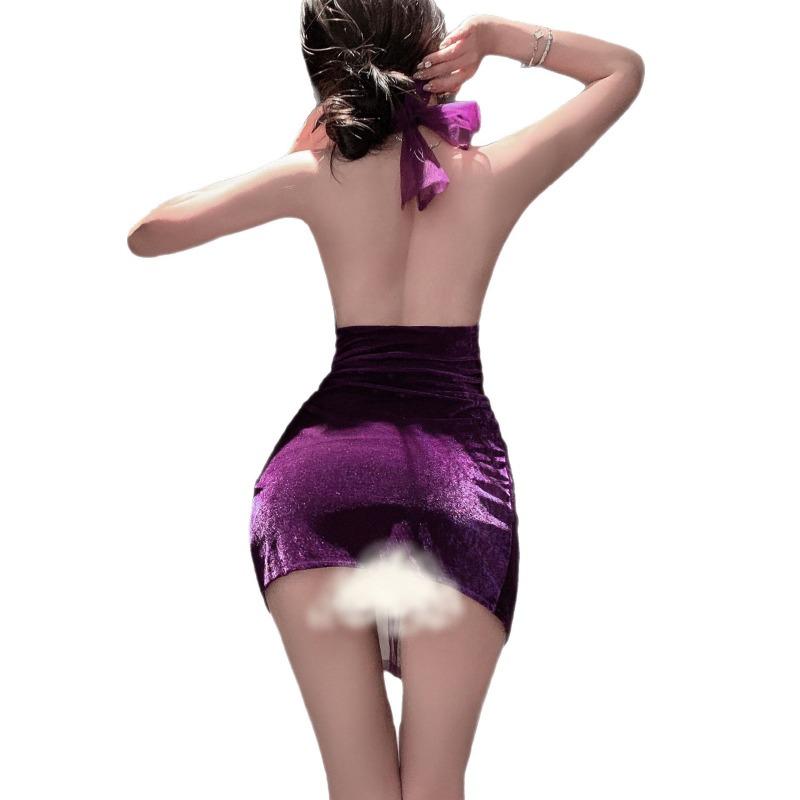 Sexy Seduction Purple Uniform Open Sheet Bed Free Pure Erotic Lingerie Pajamas Naked Back Lady Velvet Flowers