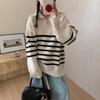 Autumn and winter new lazy wind pullover sweater women's top loose color matching striped half zipper knitted sweater outer wear