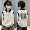 Boys' Trendy Cotton Color Block Polo Vest T-shirt with Stylish Lapel Patchwork - Sleeveless Summer Top for Medium and Large Children