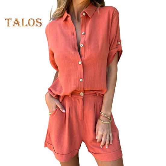 

2 шт./компл., рубашка, брюки, костюм, сплошной цвет, с короткими рукавами, воротником с лацканами, блузка с высокой талией, свободные шорты длиной выше колена, повседневная одежда для поездок на работу M оранжевый