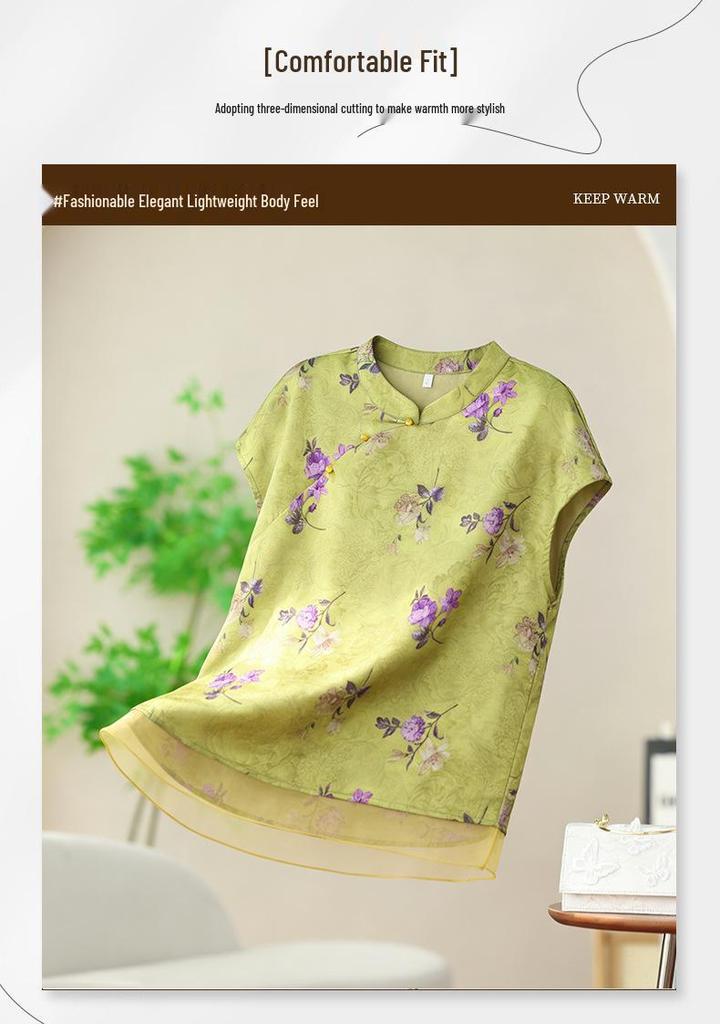 Summer Casual Chinese Style Suit: Diagonal Lapel Top with Frog Buttons for Middle-Aged Women - Lightweight Two-Piece Set