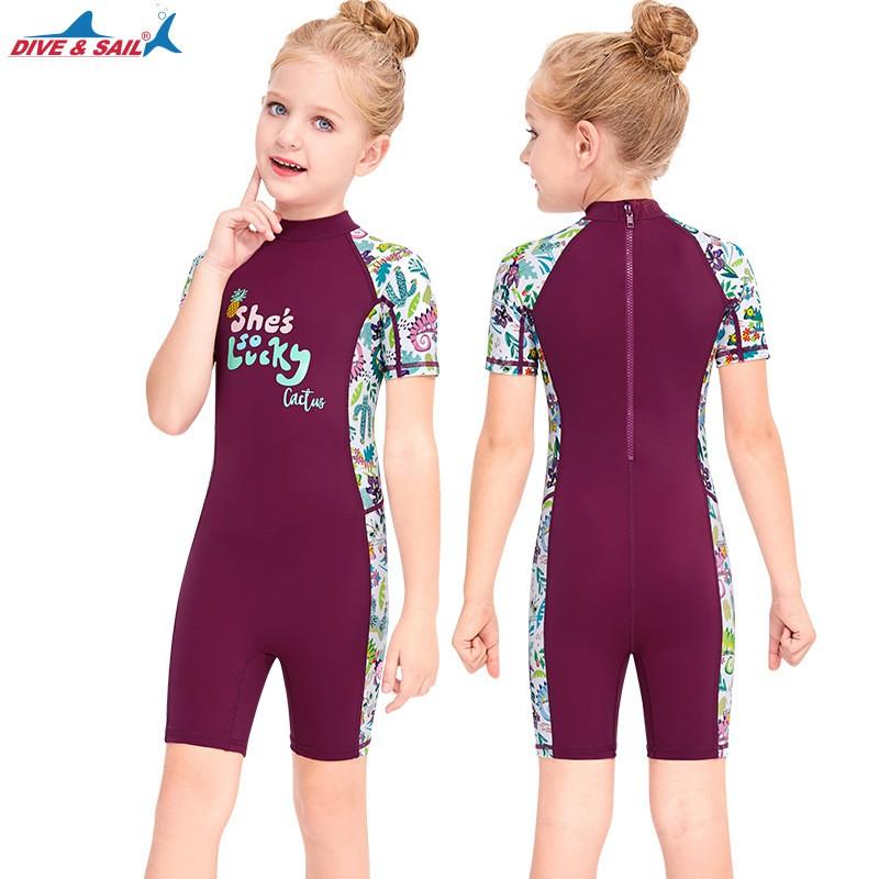 Children's Swimsuit Girl Middle Small Children One-piece Short-sleeved Box-suit Baby Sunscreen Quick-drying Hot