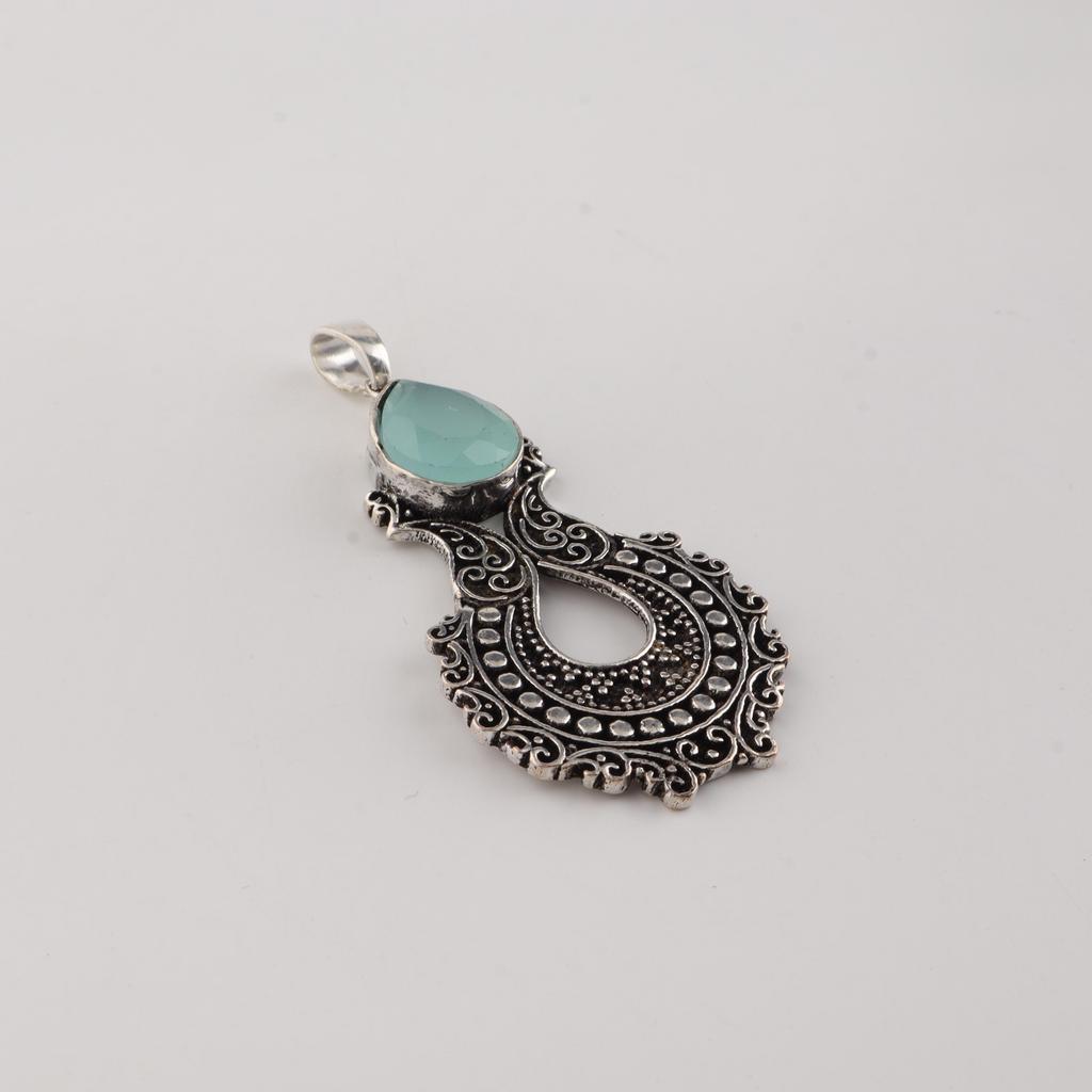 Aqua Chalcedony Gemstone 925 Sterling Silver Jewelry Partywear Pendant 1.8" For Women CP-45-20