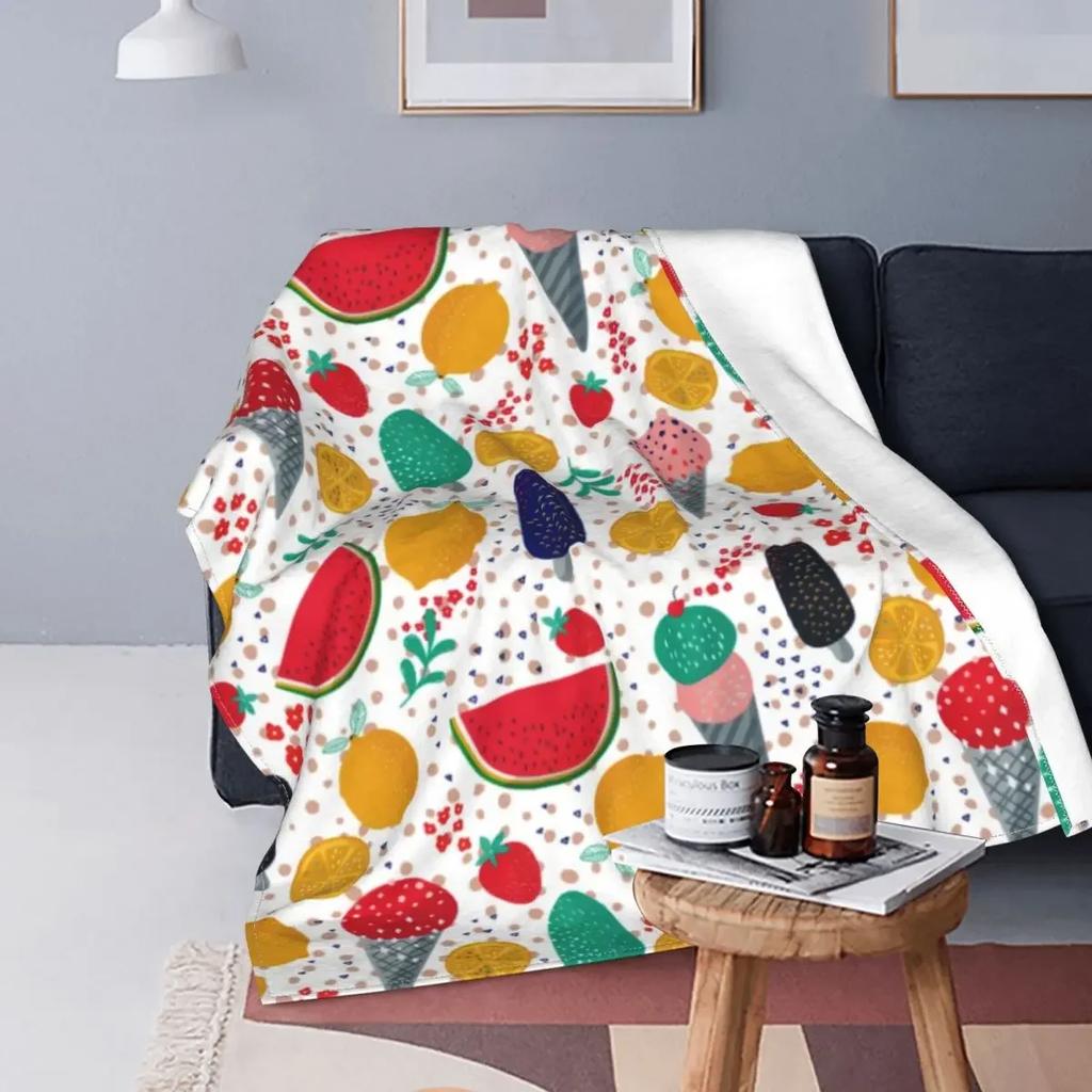Ice Cream Cartoon Pattern Fleece Flannel Blanket for Bed Couch Blanket Super Soft Lightweight All Season Warm Teenage Girls Gift