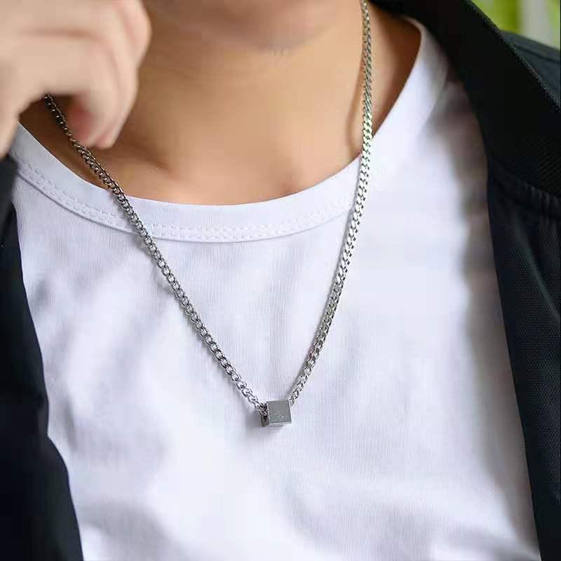 Stainless Steel Necklaces Geometric Square Cube Simplicity Style Fashion Pendant Chain Necklace For Men Women Jewelry Party Gift