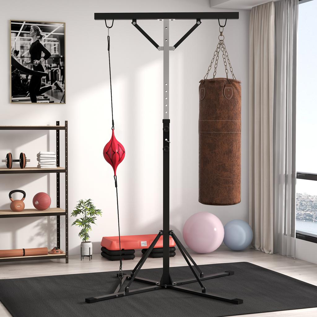 Punching Bag Stand, Height-Adjustable, with Speed Ball, Metal Frame, 160L x 145W x 175-220H cm, Black