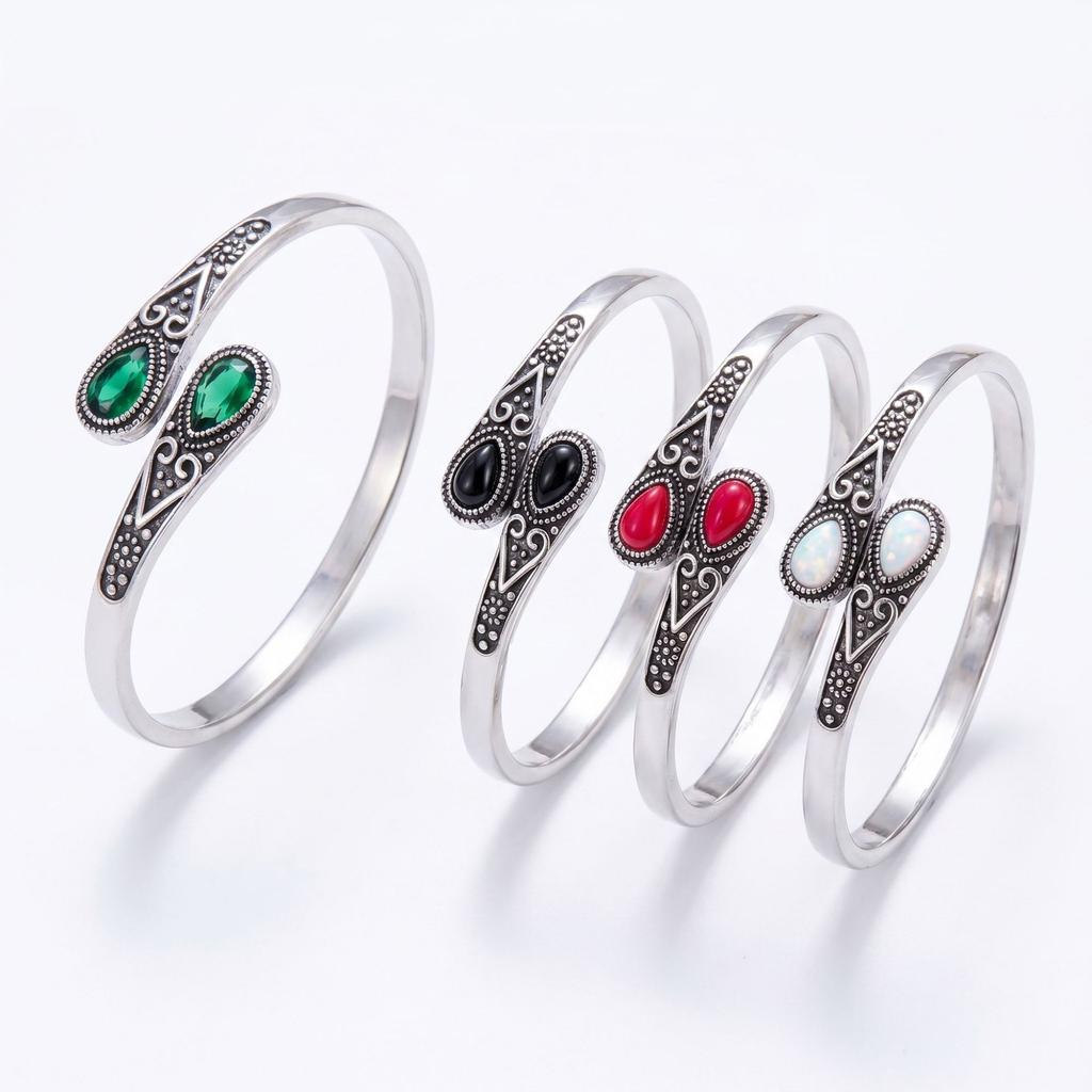 Inlaid Imitation Green Agate Retro Adjustable Opening Bracelet Alloy Couple Bracelet