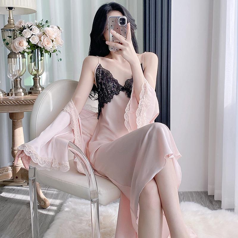 Sexy pajamas women's spring and autumn pure lace temptation loungewear with chest pad long suspender nightgown nightgown set summer