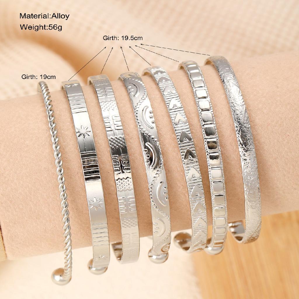 7pcs/set Retro Gold Carved Heart Hexagon Star Twists Geometric Opening Bangle Set Women Cuff Bracelet Fashion Jewelry
