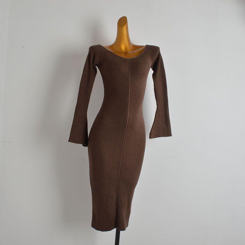 French Style New Arrival Pure Color V-neck Flared Sleeves Knitting Dress Women's Clothing Spring & Fall Winter Silm Slim Looking Bodycon Dress