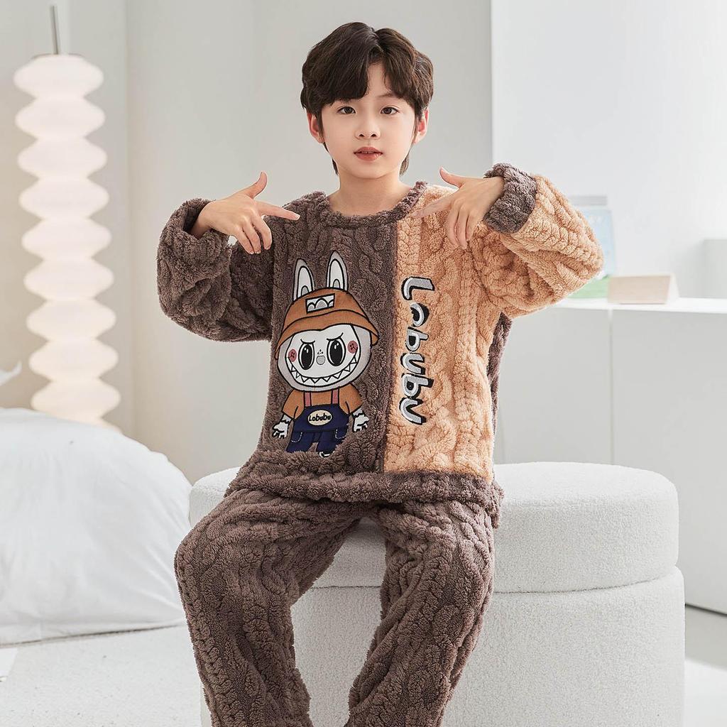 New Boys' Flannel Pajama Set - Warm Autumn/Winter Coral Fleece