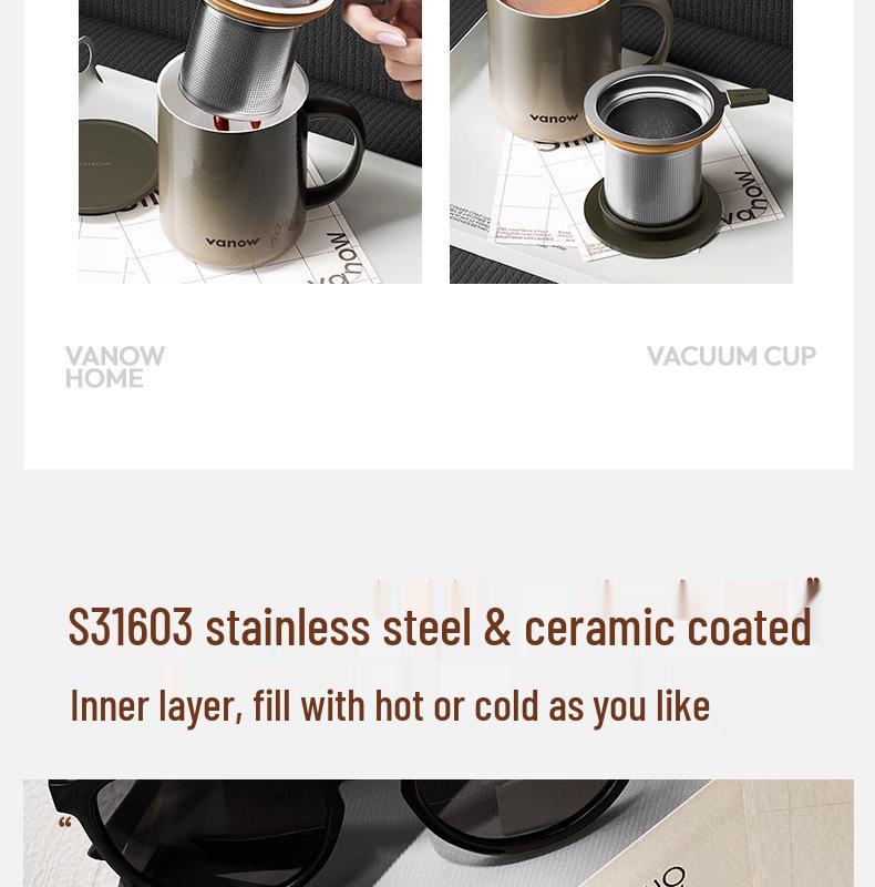 Vanow Insulated Mug with Lid: Stainless Steel Tea Infuser and Water Separation for Men and Women
