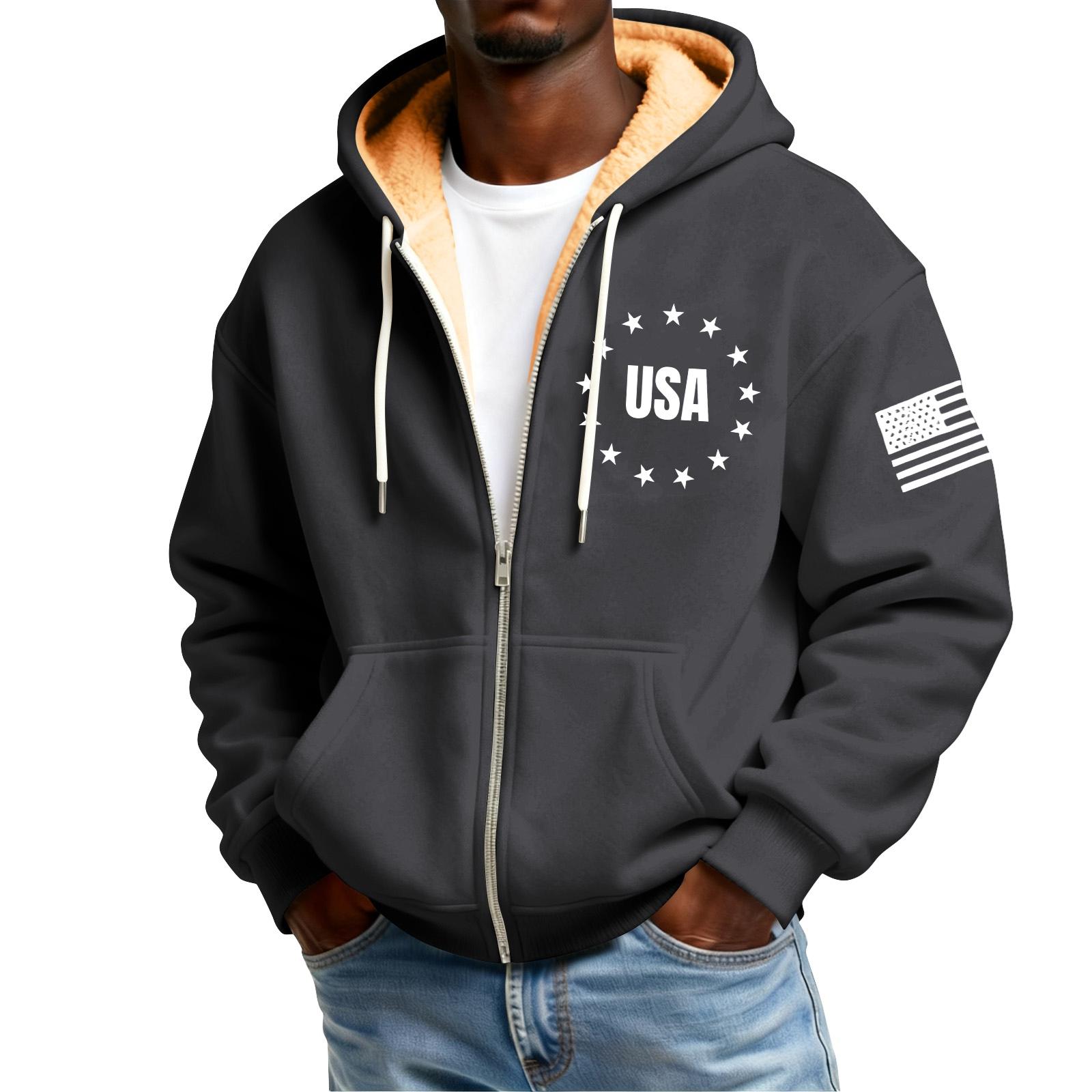Мужской флисовый кардиган с капюшоном на молнии и карманами с принтом флага мужской повседневный кардиган L 3990₽
