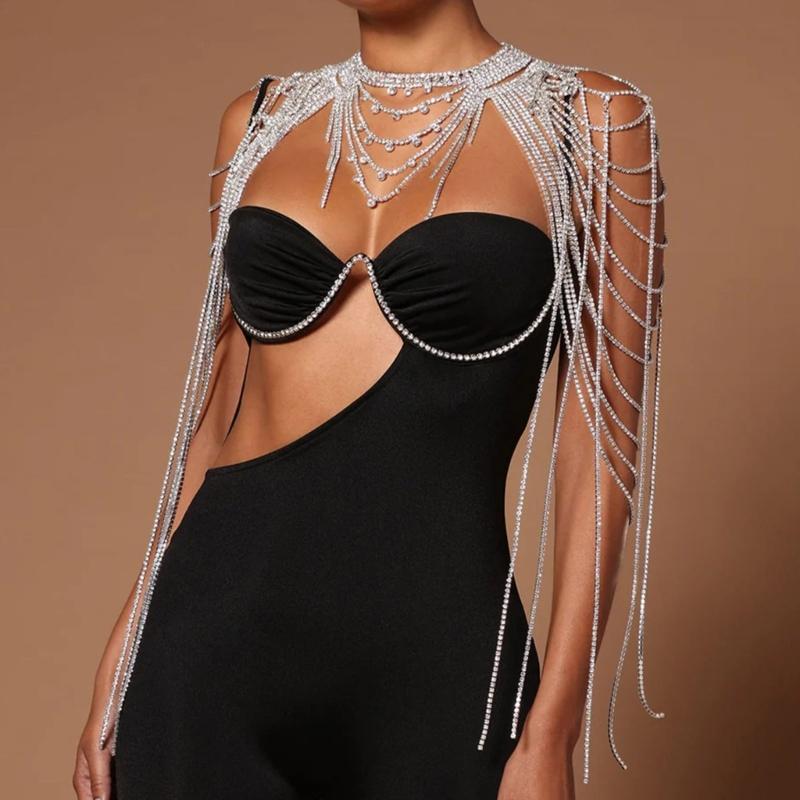 Elegant Layered Rhinestones Shoulder Chain Shimmering Layered Fringe Body Jewelry For Parties Weddings And Evening Event