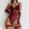 Sexy Sensual Lingerie Sets For Women See Through Mesh Lace Tight Bodysuit With Gloves Garter Exquisite Underwear Erotic Costumes