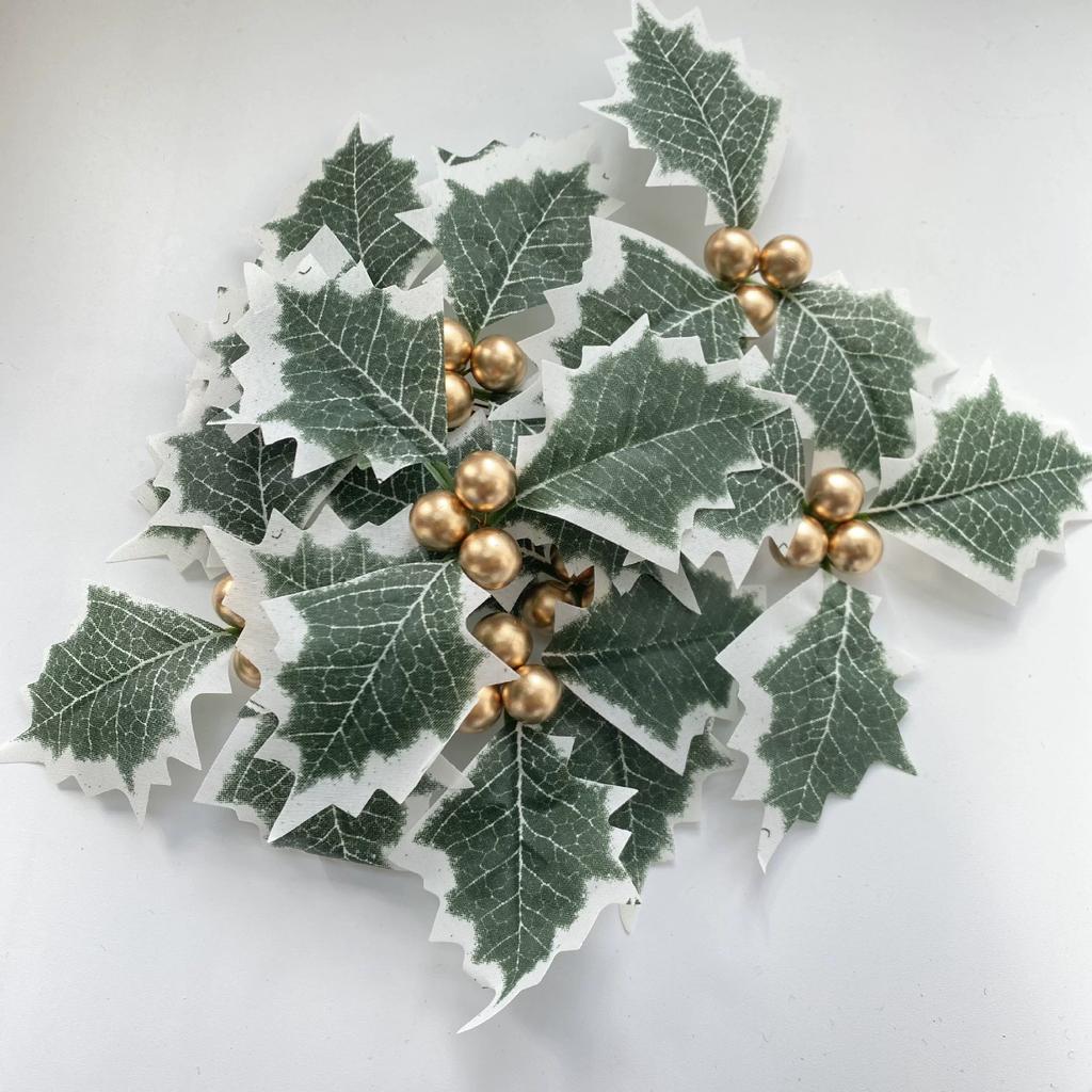 50/10Pcs Artificial Holly Berries With Green Leaves DIY Christmas Wreath Wedding Flower Gifts Xmas New Year Festival Decorations