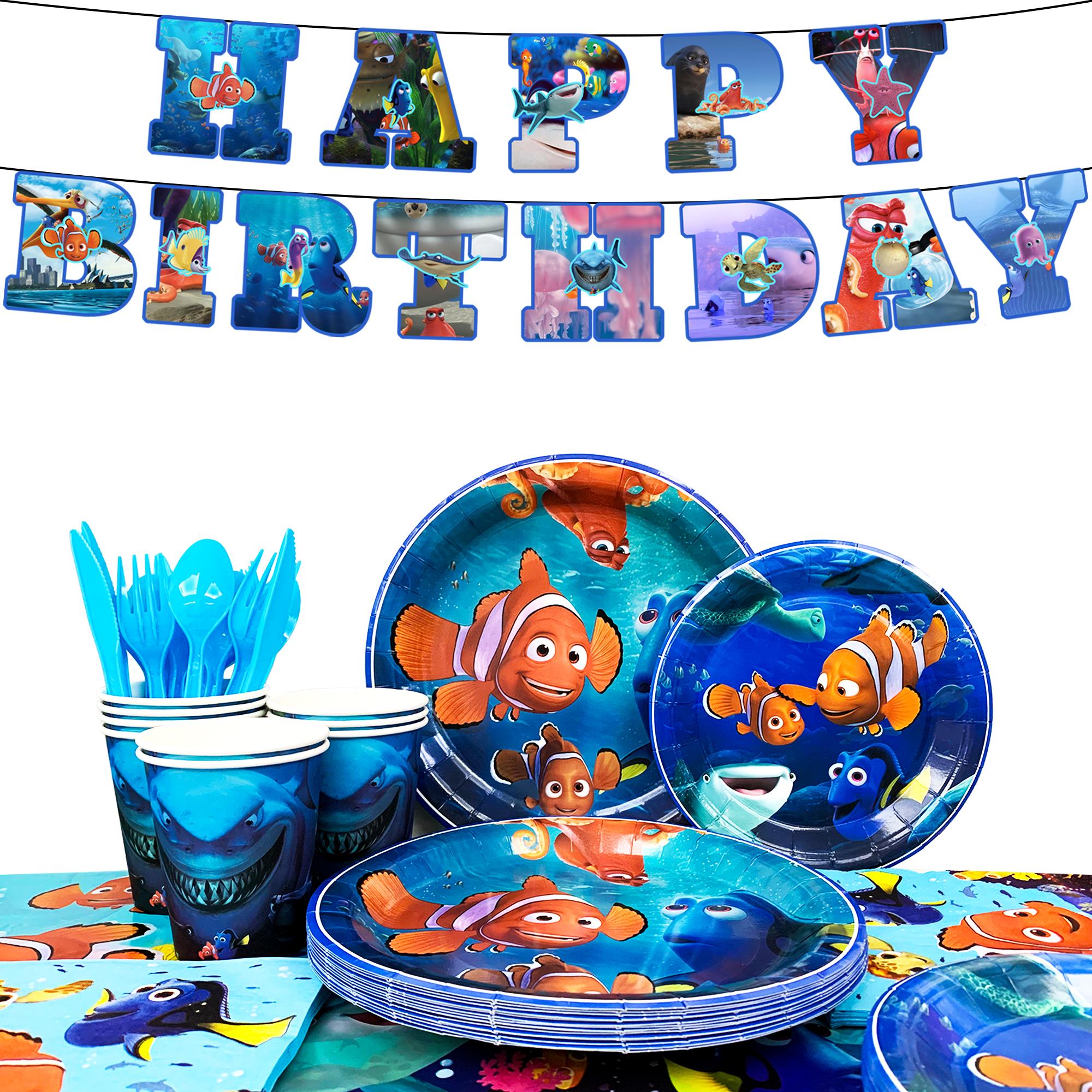 Cartoon Birthday Party Decoration Tableware Set - Cartoon Tablecloth Banner Plates Napkins Cups for Cartoon Birthday Party Supplies, Serves 16 синий