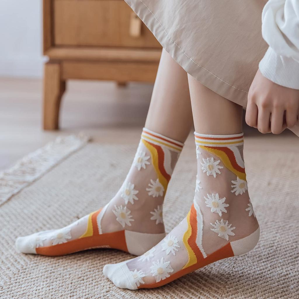 Summer Cute Lace Floral Print Sizes Women's Socks, Socks, Transparent, See-Through Socks, Stylish, Thin, Odor-Resistant, Non-Sweaty, 5-Pair Set,