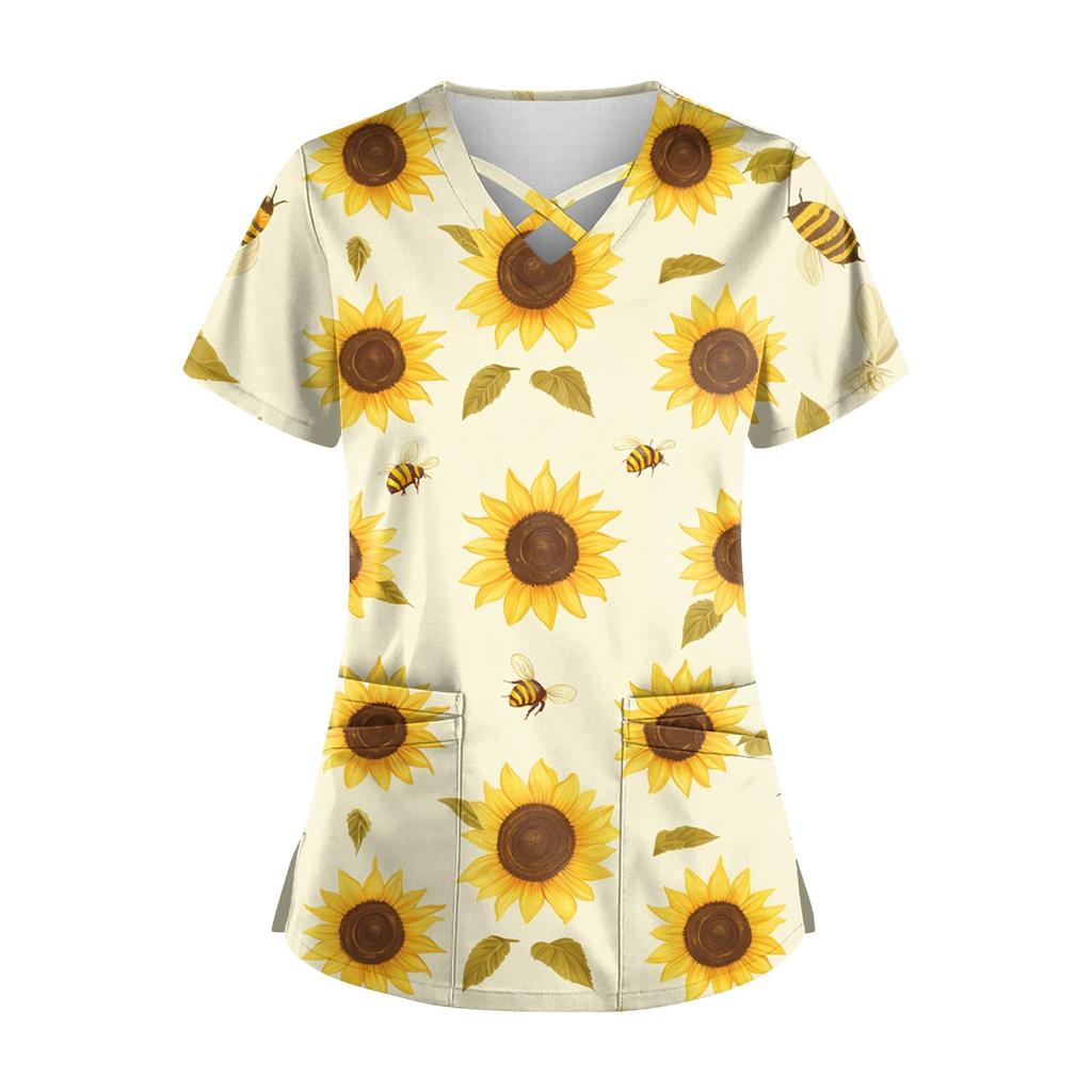 Women's Short Sleeve Stagger V Neck  Print Pocket Dry-nurse Top