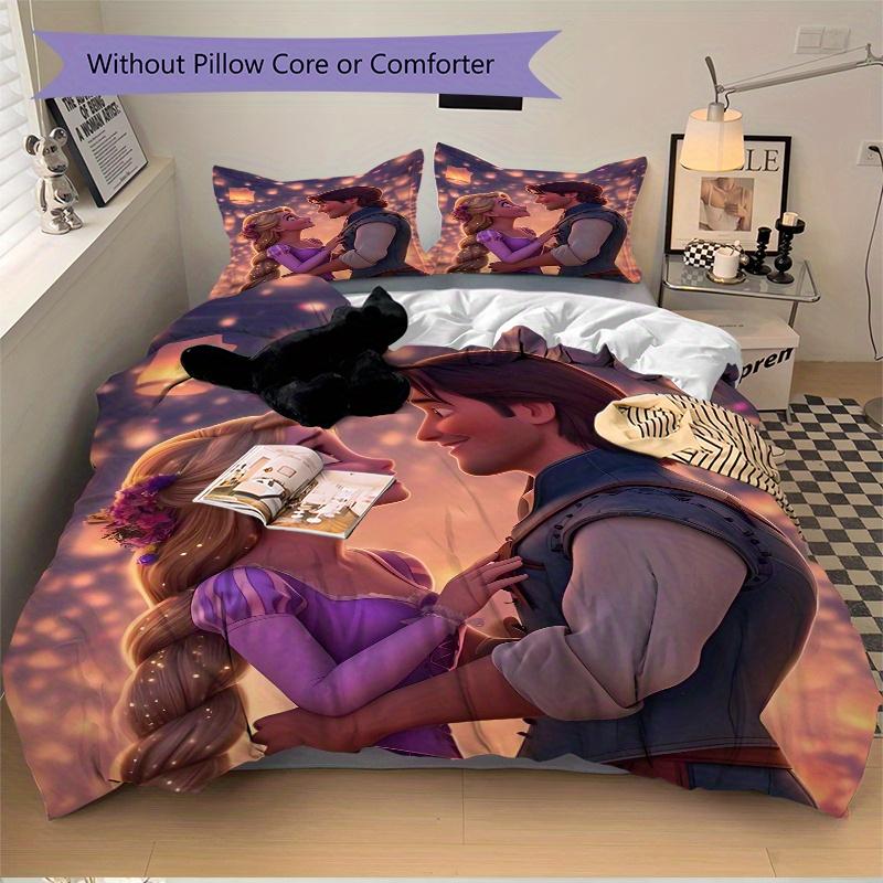 3pcs Tangled Rapunzel & Flynn Romantic Scene Printed Bedding Set, Soft and Comfortable Quilt Cover for Bedroom, Guest Room (1 Duvet Cover + 2 Pil