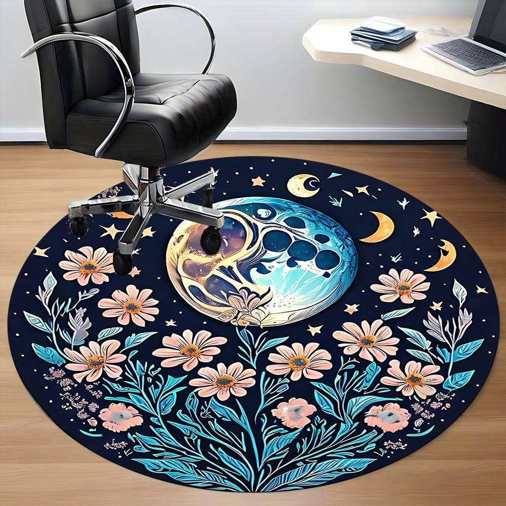 1pc Moon Flowers Office Round Area Rug, Mat Suitable For Office, Under Office Chairs Bedroom Living Room Home Decor, Room Deco
