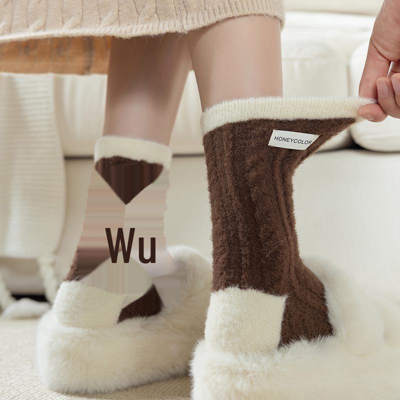 Dámské sametové ponožky s kávovým pruhem - Silné, měkké středně vysoké pro podzim/zimu
