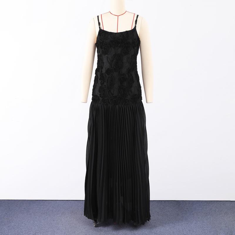 Spot women's summer new celebrity chiffon long dress three-dimensional flower splicing suspender dress