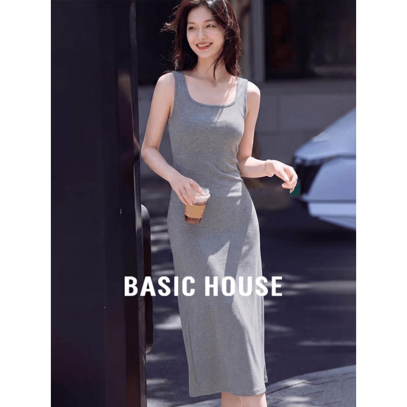 Basic House Women s Square Neck Sleeveless A-Line Dress M