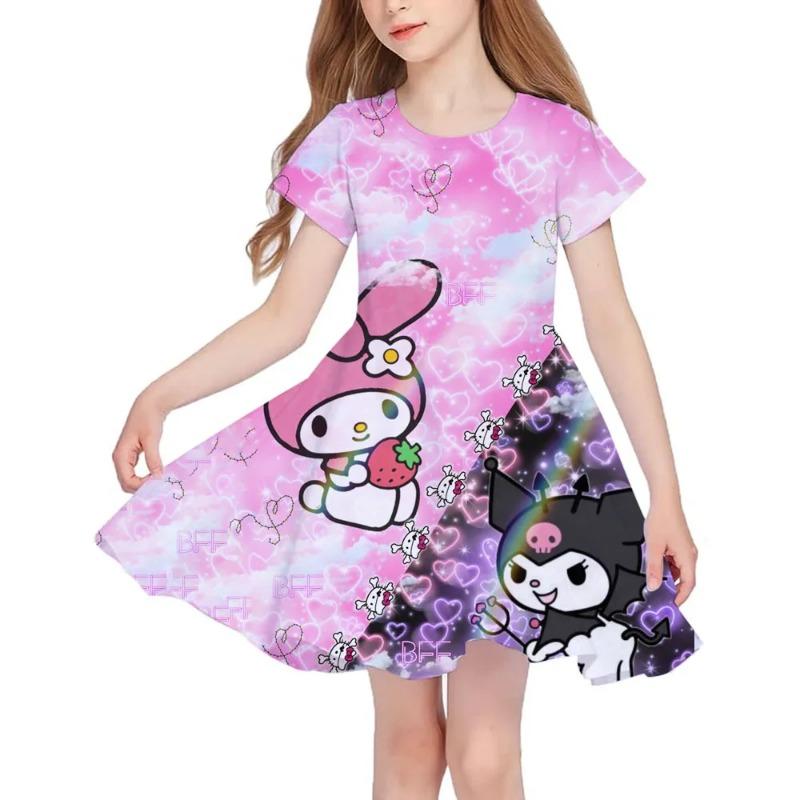 Summer New Girls Short-Sleeved Dress Hello Kitty 3D Printed Children's Fishtail Skirt Casual