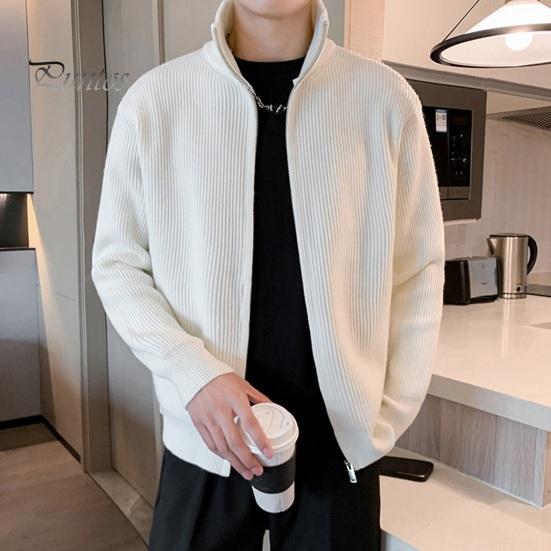 Men Sweater Coat Zipper Closure Knit Elastic Long Sleeves Stand Collar Outerwear Pure Color Casual Cardigan Daily Wear School Mid Length Jacket