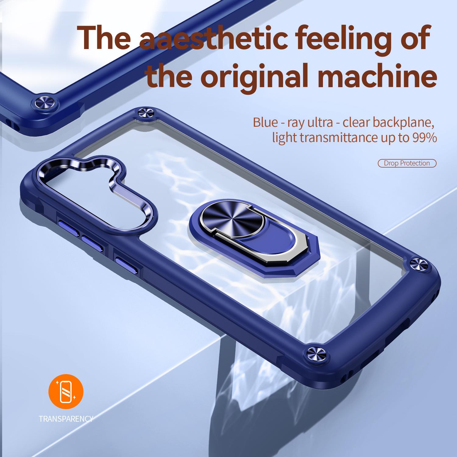 

For Samsung Galaxy S25+ Case Alloy Lens Frame PC+TPU Kickstand Phone Back Cover Blue