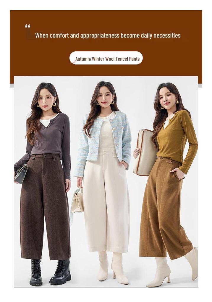 Women's High-Waisted Black-Grey Wool Blend Wide-Leg Trousers, Plus Size, Autumn/Winter