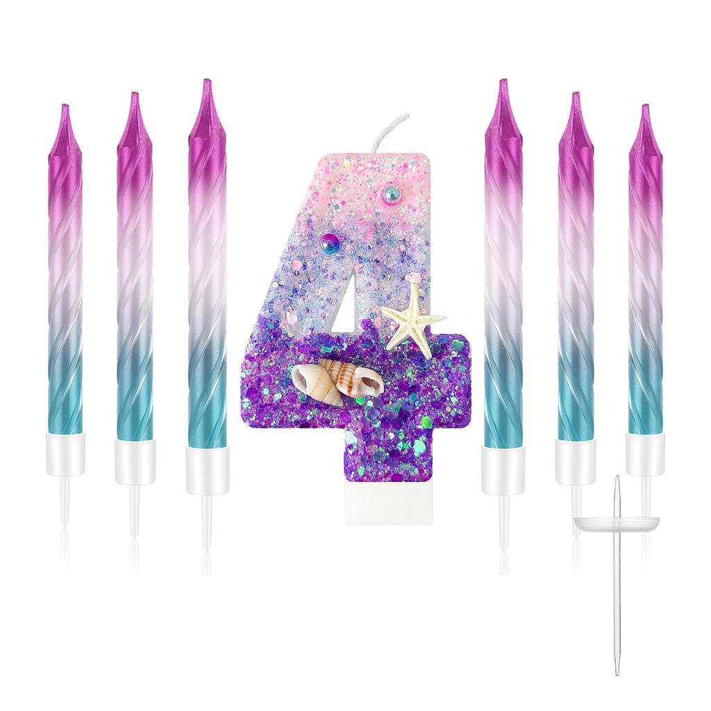 7pcs Girls Purple Mermaid Party Number 0-9 Cake Candles, 2.76 Inch Birthday Candle, Cake Topper Decoration for Birthday Party