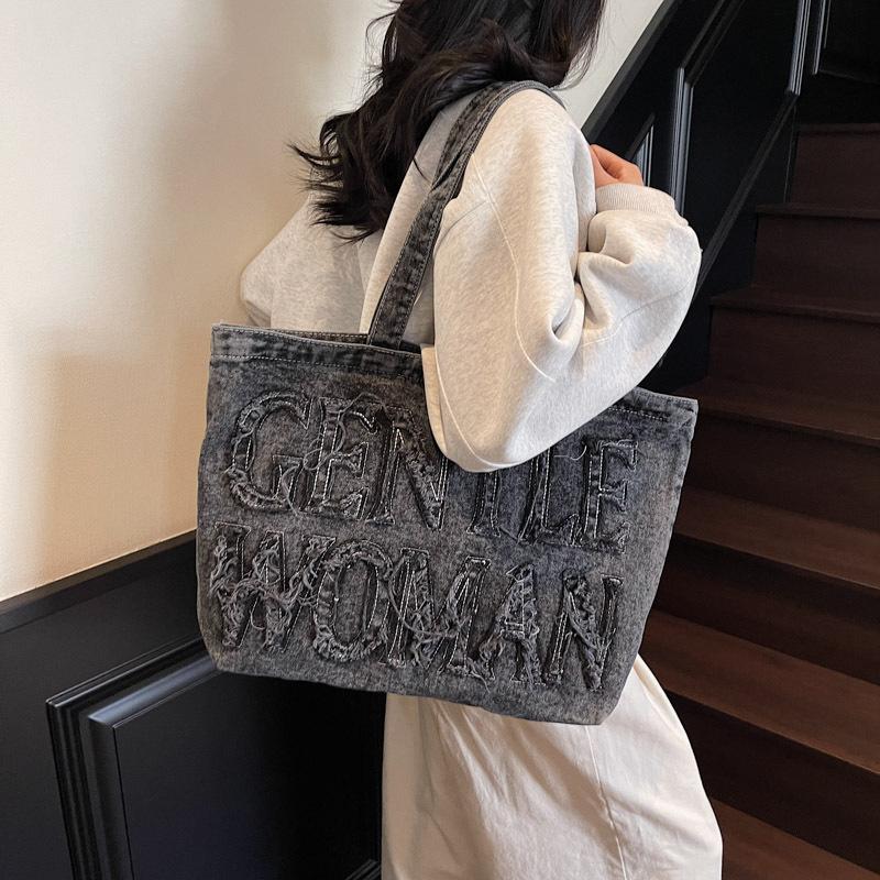 Denim large capacity tote bag women's 2025 temperament retro casual class commuter shoulder crossbody armpit bag