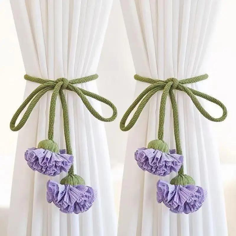 Elastic Band Curtain Tieback Flower Shape Adjustable Window Curtain Buckles Tassels No Punching Curtain Rope Holders Kids Room
