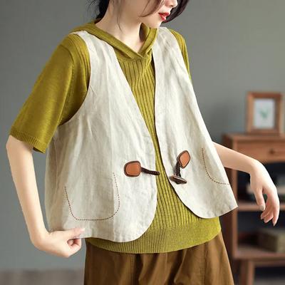 Gilet en coton pour femme, sans manches, en lin, style vintage, en denim, imprimé surdimensionné, polyvalent, décontracté, à boutons