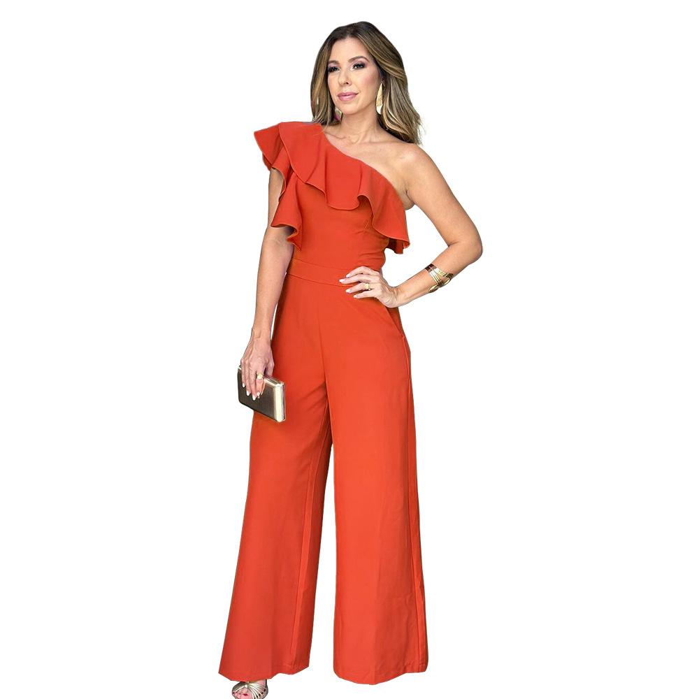 Women's One Shoulder Sleeveless Solid Jumpsuit Slim Fit High Waist Ruffle Wide Leg Romper