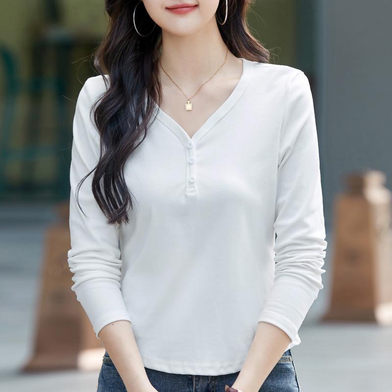 Autumn Women's V-neck Solid Colour Fashion Versatile Long-sleeved T-shirt
