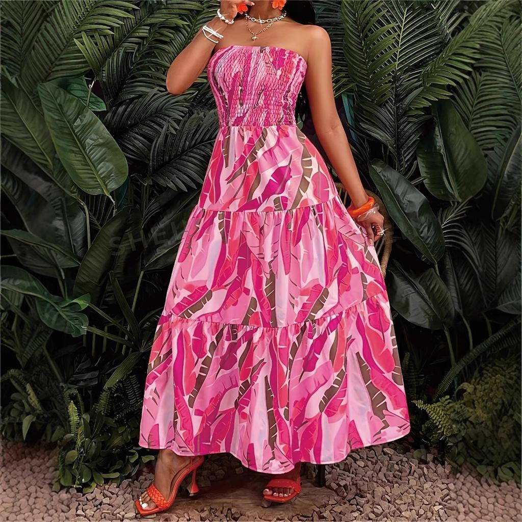 Women's sexy dress strapless elastic waist printed long dress