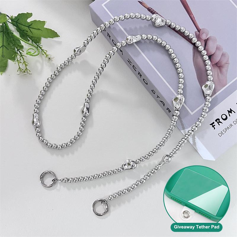 Silver Plated Beads Phone Lanyard Crossbody Neck Cord Mobile Hanging Strap Outdoor Universal Case Rope Anti-Lost Chain For Key