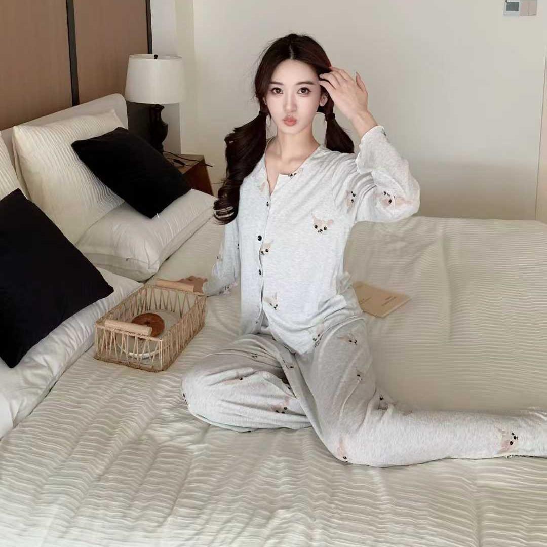 2026 Spring/Autumn Women s Cute French Bulldog Cartoon Pajama Set - Long Sleeve, Long Pants, Two-Piece Modal Homewear Large
