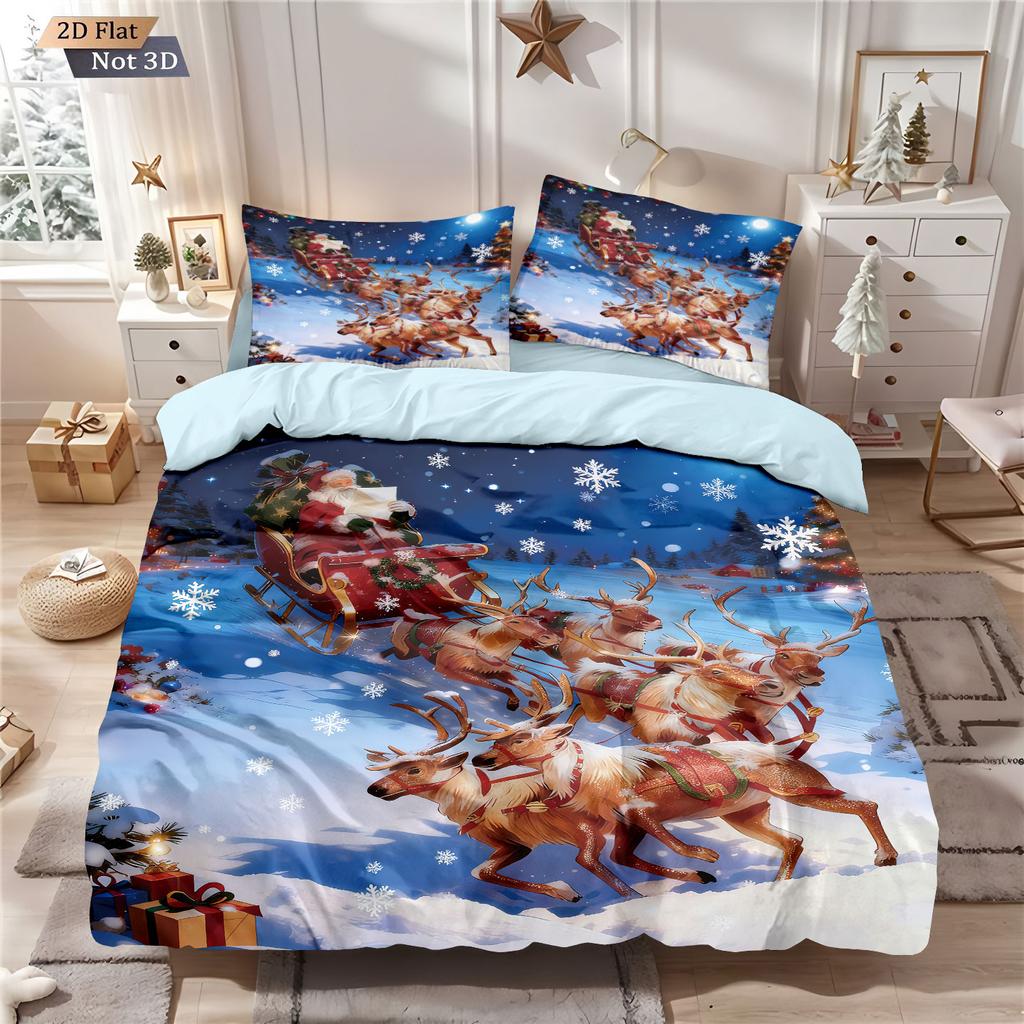 3Pcs Christmas Reindeer Print Coreless Duvet Cover Set Multiple Size Soft Dormitory Bedding Holiday Decoration, Machine Washable